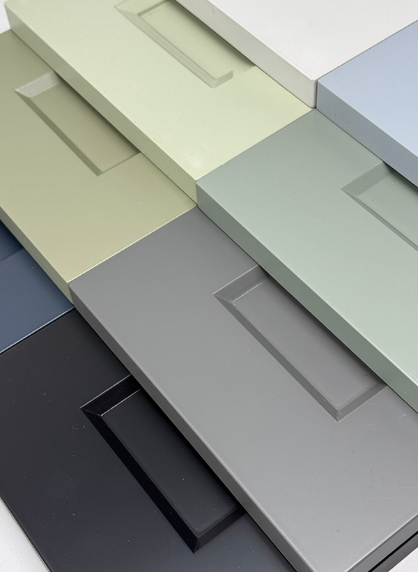 Painted shaker door samples in sage, grey, black and white from Birdseye's colour range