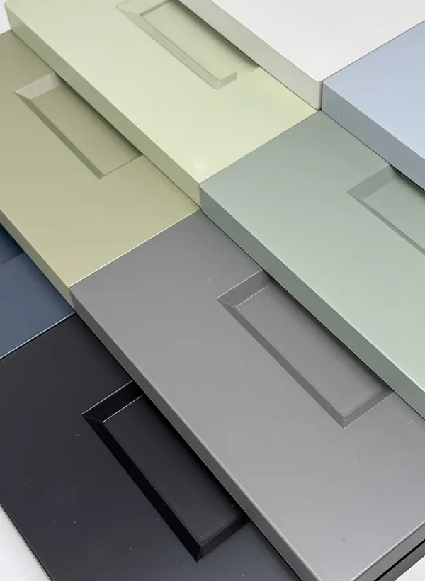 Painted shaker door samples in sage, grey, black and white from Birdseye's colour range