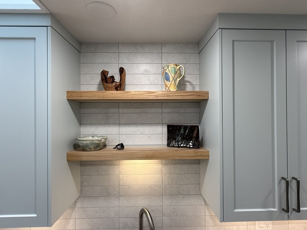 Floating ash shelves with handmade pottery — Birdseye finish work