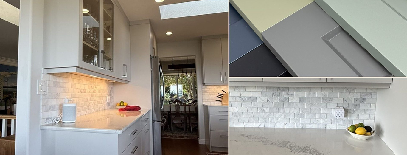 A Birdseye built-in with glass uppers, alongside painted door samples and a finished kitchen